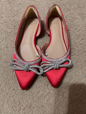 a new day Red Satin Pointed Toe Flats with Rhinestone Bow